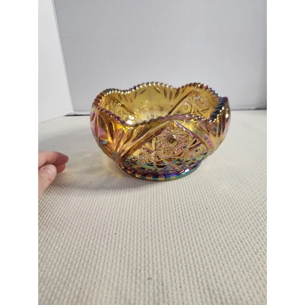 VTG LE Smith Hobstar Daisy Amber Carnival Glass‎ Bowl Sawtooth Great Condition